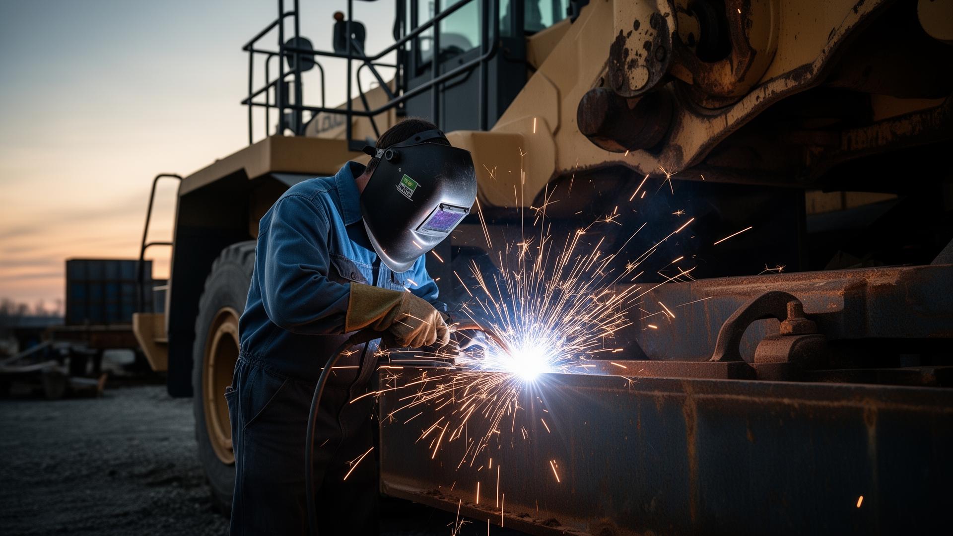 Mobile welder repairing heavy equipment on-site with welding sparks